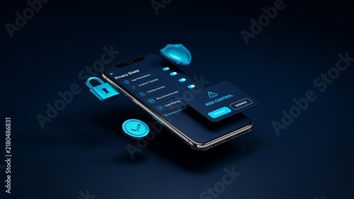 Cybersecurity mobile app interface with floating 3D shield and padlock icons. Secure smartphone data protection concept. Digital privacy and network safety technology.