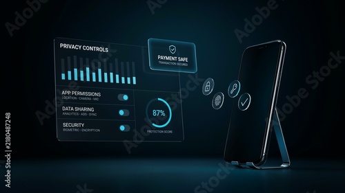 Cybersecurity privacy controls interface on smartphone, digital data protection dashboard with payment safe icons, futuristic mobile security app on dark background.
