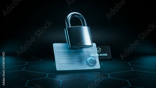 Cybersecurity padlock on digital credit card for secure access, financial data protection and online banking safety, futuristic blue metallic encryption technology.