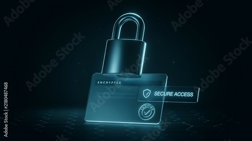 Cybersecurity digital padlock on encrypted credit card for secure access. Financial data protection and online payment safety. Blue neon glowing network security concept.