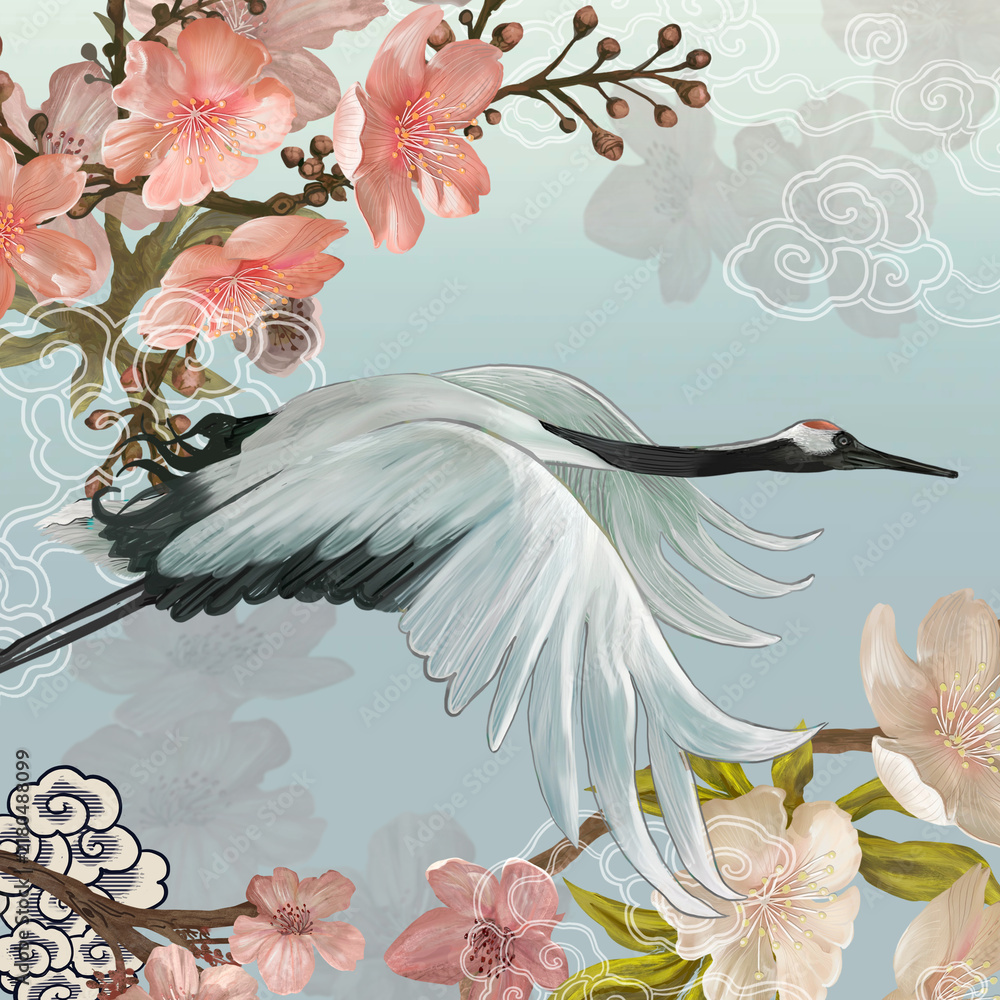 Fototapeta premium Japanese crane bird, sakura aesthetic illustration