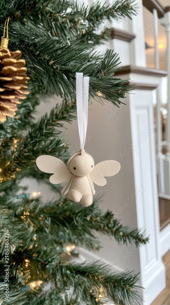 Fototapeta premium A charming wool angel ornament gracefully adorns a Christmas tree, radiating warmth and joy in soft natural lighting
