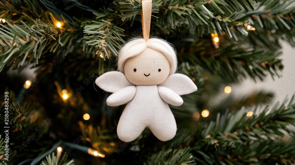 Fototapeta premium A charming wool angel ornament gracefully adorns a Christmas tree, radiating warmth and joy in soft natural lighting