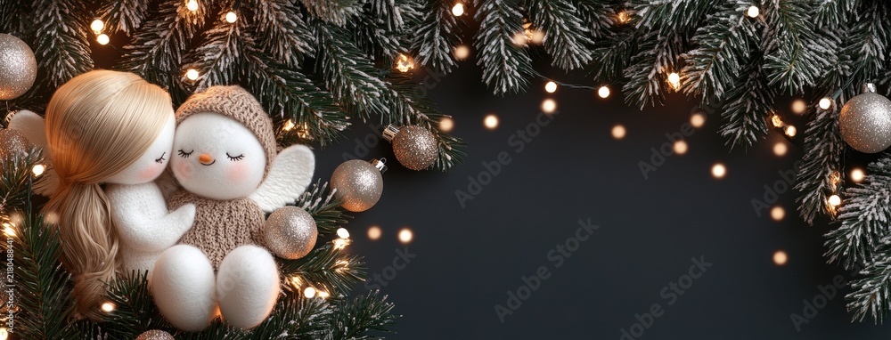 Obraz premium A snowman and an angel sit under a festive Christmas tree