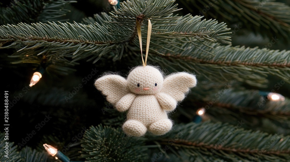 Fototapeta premium Delicate white angel wings gently suspended from an evergreen tree create a whimsical touch to the holiday atmosphere
