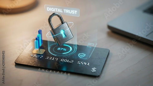 Digital trust concept with secure credit card and glowing padlock icon. Cyber security and encrypted payment protection. Financial data safety and online banking tech.