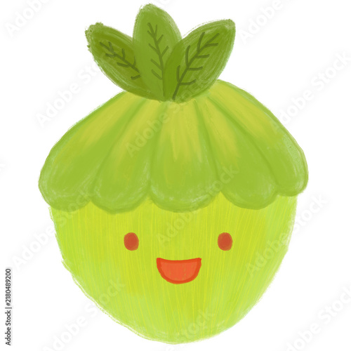 A cute green turnip with leafy top, smiling face, and playful expression, presented as a simple handdrawn illustration on white.