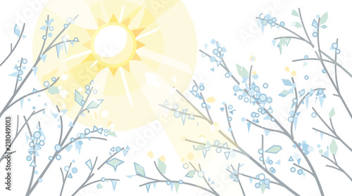 Frosty tree branches frame a large bright sun that casts warm golden rays across a winter morning scene.
