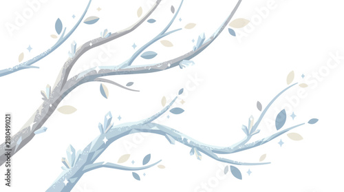 Branches with delicate blue and white leaves are drawn against a clean white background in a stylized vector design.