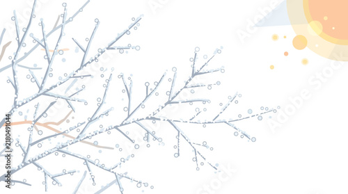 Tree branches covered in light blue frost stretch across a white background under a stylized warm sun.