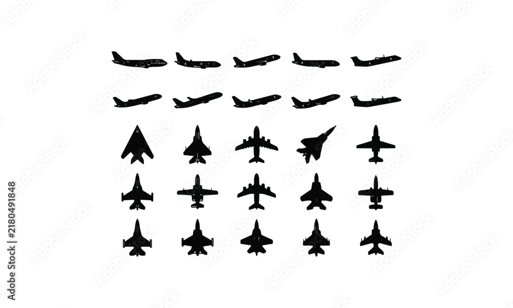 Fototapeta premium Set of Aircraft Icons Featuring Commercial Airliners and Military Fighter Jets in Top Down and Profile Views