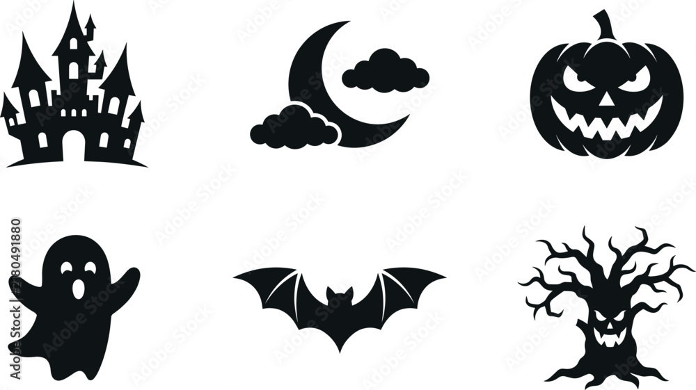 Fototapeta premium Halloween icons set with spooky castle, ghost, bat, cat, pumpkin and tree vector illustration
