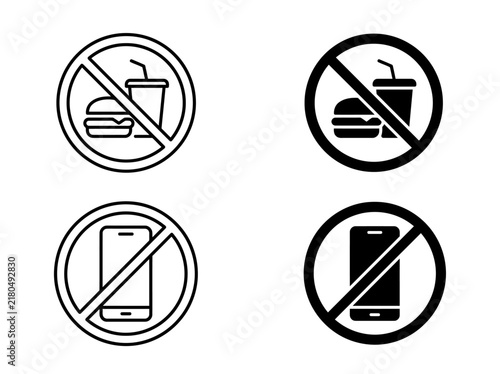 No food and no mobile phone prohibition signs in outline and solid icon