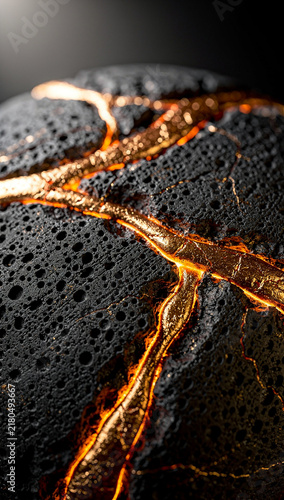 Extreme Close Up of Porous Volcanic Lava Rock with Glowing Orange Gold Molten Lava Cracks and Veins Running Through Dark Basalt Surface, Geological Macro Photography