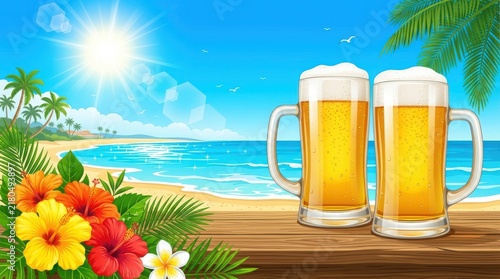 Two cold glasses of beer on a wooden table at the beach with tropical flowers and ocean view in a sunny summer vacation setting