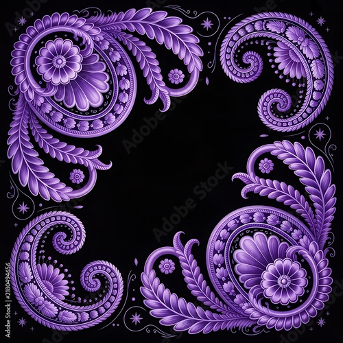Intricate purple floral ornamental frame with paisley and leaf motifs on dark background