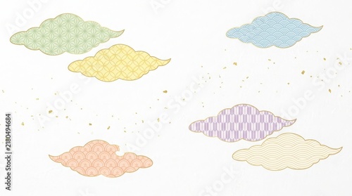 Colorful clouds with traditional japanese patterns isolated on a white background for creative design projects and web decoration