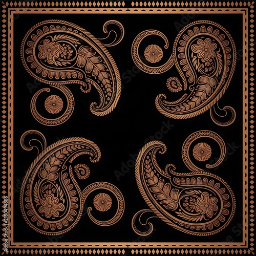 Luxury copper paisley pattern design with intricate floral motifs on dark background