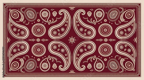 Maroon and beige paisley bandana pattern with intricate traditional motifs and floral elements