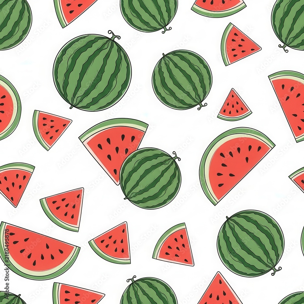 Fresh Watermelon Slices and Whole Fruits Seamless Pattern.
