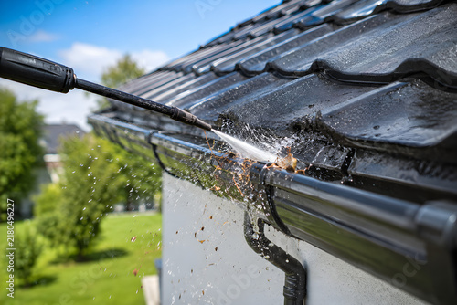 Pressure washing clogged gutters, professional roof gutter cleaning service, high pressure water spray removing dirt