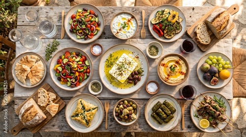 Traditional greek feast featuring feta cheese salad roasted vegetables hummus pita bread skewers and olives on rustic wooden dining table