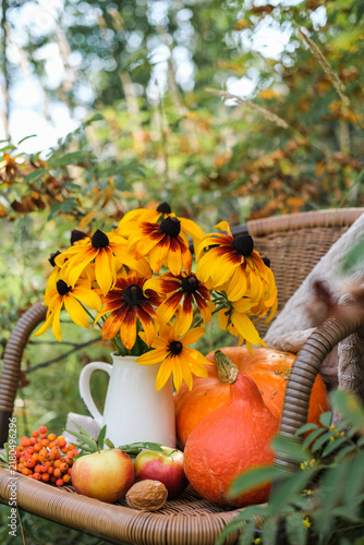 Canvastavla Autumn still life with yellow rudbeckia flowers, bright pumpkins, apples and kni