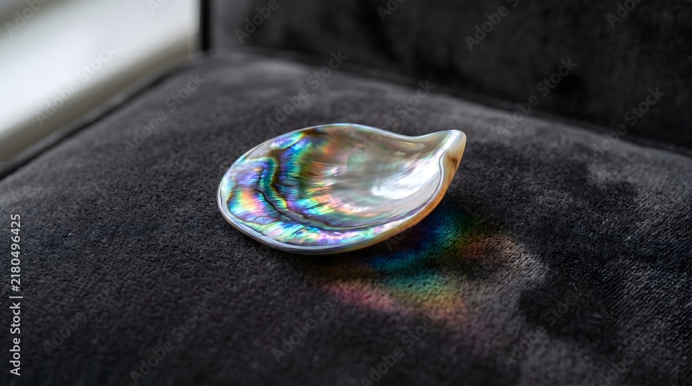 Obraz premium Iridescent abalone seashell with stunning rainbow luster displays natural pearlescent colors on a soft dark fabric texture surface macro