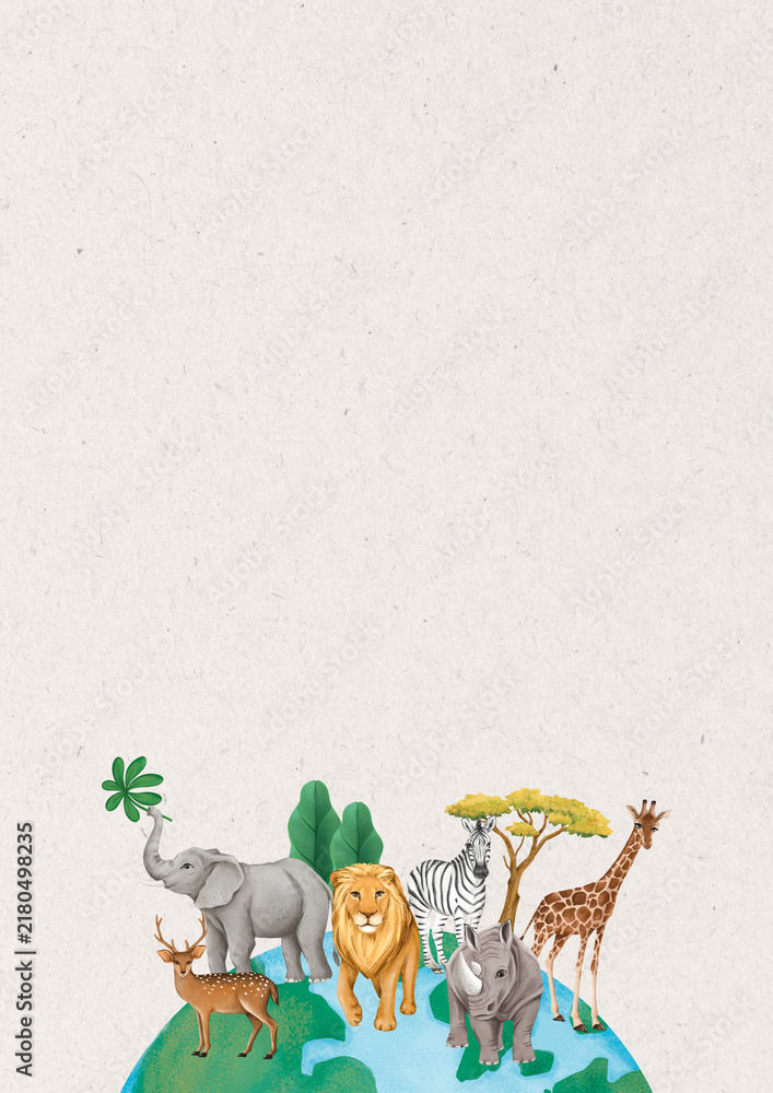 Fototapeta premium Wild animals border background, off-white textured design