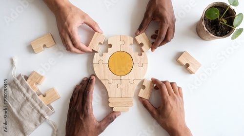 Hands assembling a wooden lightbulb puzzle for idea concept