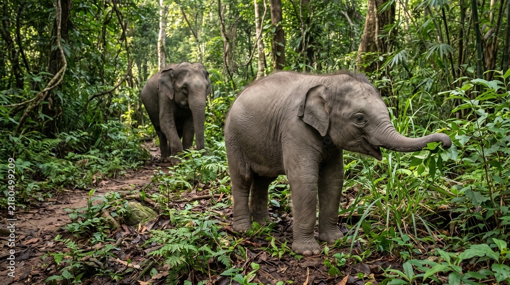 Fototapeta Baby Asian Elephant Exploring a Tropical Forest with Its Mother