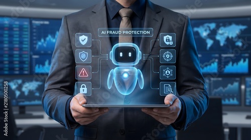 AI fraud protection concept with robot and security icons