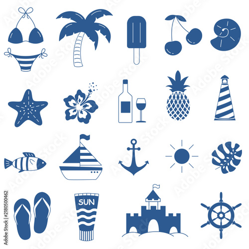 Big set summer elements. Tropical summer vector Icons and hand drawn elements
