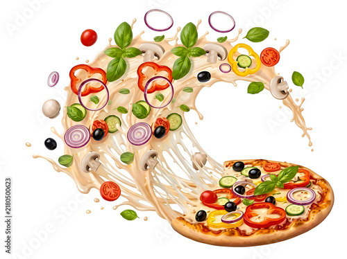 Fresh vegetable pizza with flying ingredients and melting cheese splash on white background on white background, Isolated on Transparent Background, PNG, Generative AI