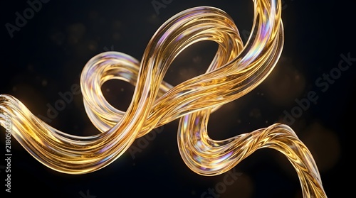 Abstract Golden Glass Flowing Ribbons 3D Render