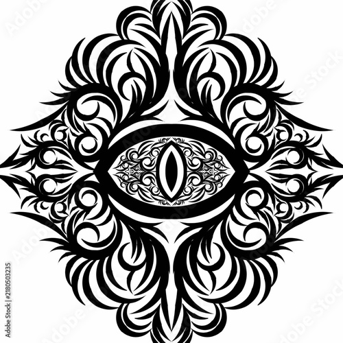 An intricate black-and-white ornamental eye design featuring symmetrical floral motifs, elegant filigree details, and decorative line art—perfect for tattoos, branding, clothing, and mystical artw
