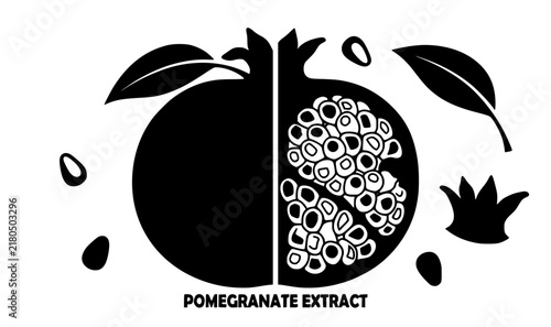 Pomegranate sticker vector graphic pack with black silhouette fruit shapes leaf and seeds for food labels