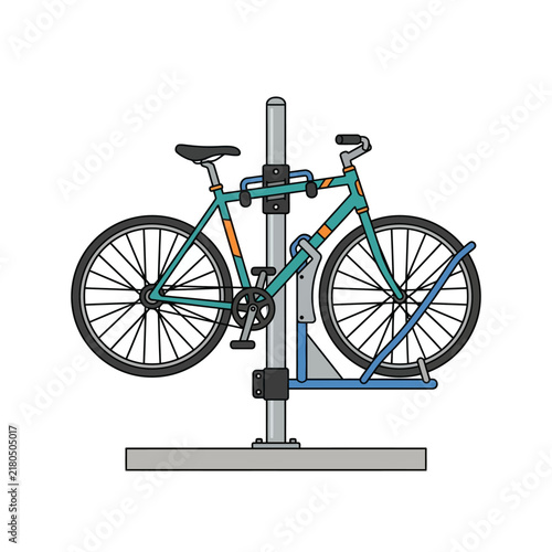 Modern bicycle parked securely on a vertical urban metal rack stand