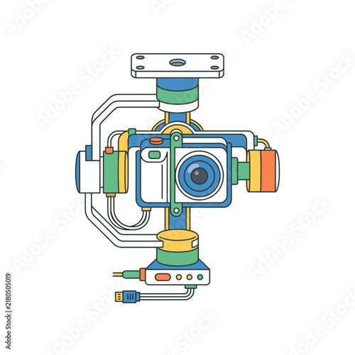 Modern camera stabilization gimbal with electronic device on white background