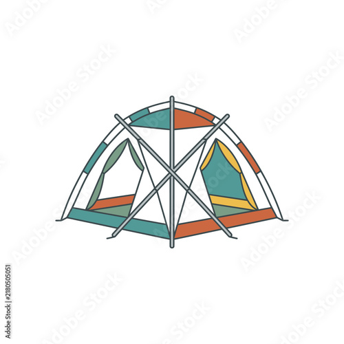 Modern camping tent vector illustration with colorful fabric panels and poles