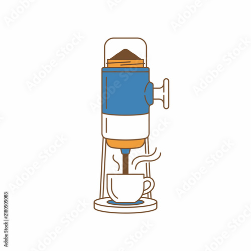 Modern coffee maker pouring hot beverage into ceramic cup minimalist vector art
