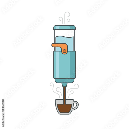 Modern coffee maker pouring hot beverage into glass cup on white background