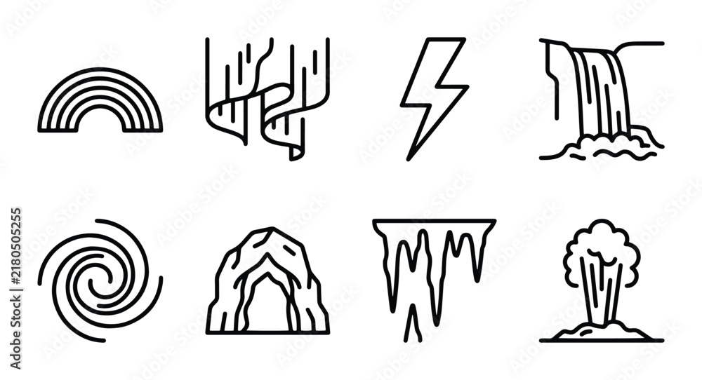 Obraz premium Nature Elements Icons: Rainbow, Aurora, Lightning, Waterfall, Tornado, Cave, Icicles, Explosion