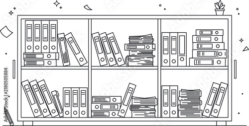 Minimalist black line art office cabinet illustration featuring rows of document ring binders and folders on white background.