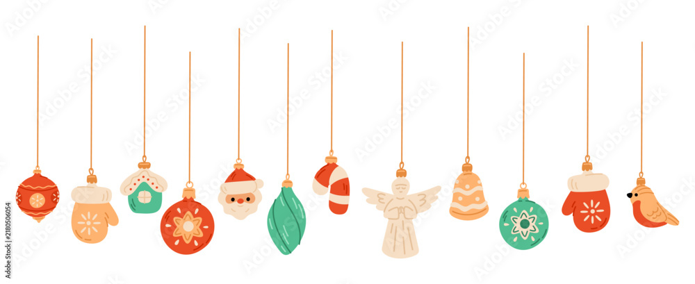 Fototapeta premium Colorful Christmas and tree decorations hanging on golden threads. Festive balls. New Year figurines. Holiday garland. Mittens and cute Santa. Winter celebration decor. Vector Xmas set