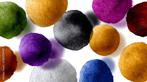 Vibrant assortment of soft, fuzzy spheres diverse colors, artfully scattered across pristine white background. Each decorative ball presents unique and captivating texture, creating an engaging