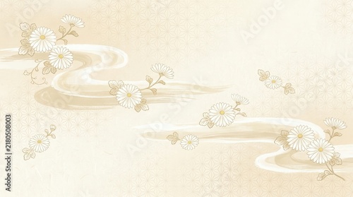 Beautiful delicate chrysanthemum flowers with flowing abstract wave patterns in soft pastel peach and beige colors for background
