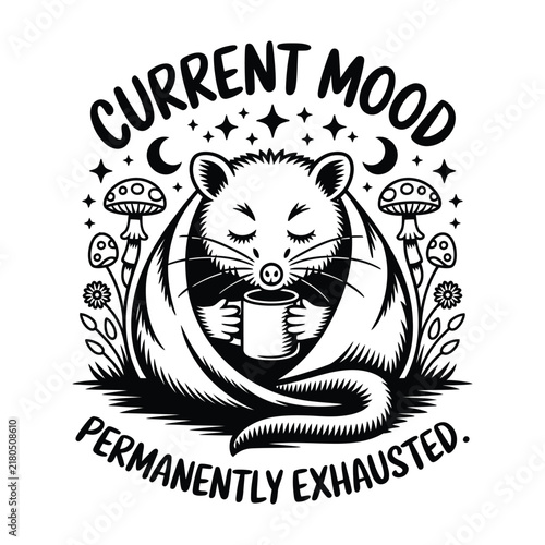 Funny retro woodcut style mouse wrapped in blanket drinking coffee surrounded by mushrooms, stars, crescent moons, floral elements. Vintage emotional status funny typography vector.