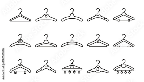 Collection of minimalist clothes hanger outline icons for fashion, laundry, wardrobe, and garment storage design.