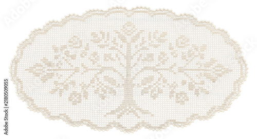  Vintage handmade white crochet lace doily with an intricate tree motif on a transparent background, oval table runner cutout